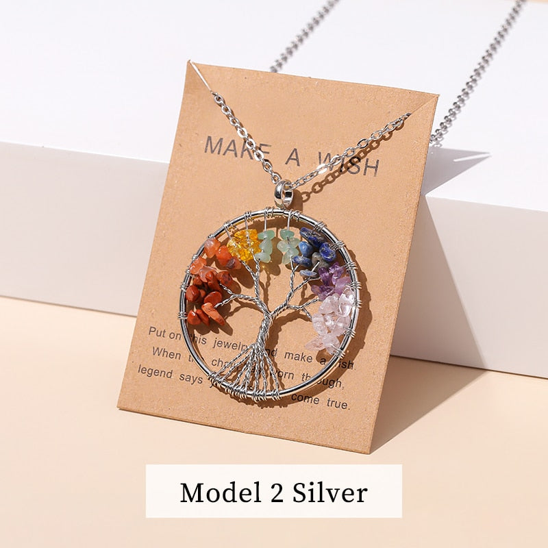 Change Better 7 Chakras Tree Of Life Pendant Necklace Gold Color Natural Crystal Chip - Bonnie Lassio