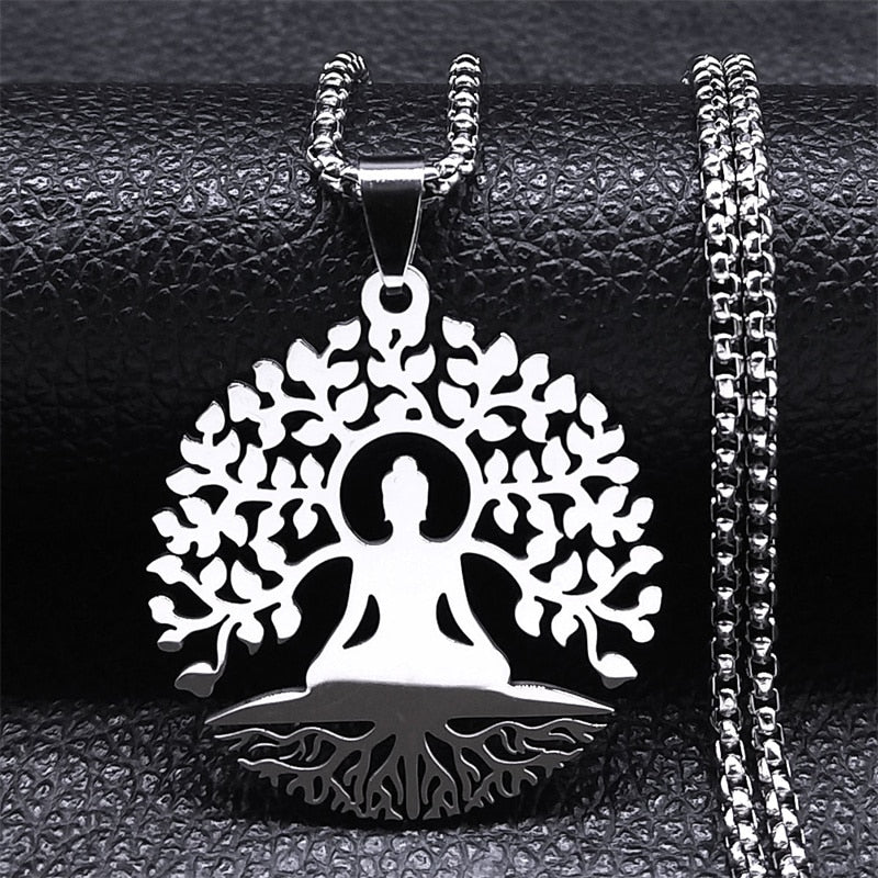 Buddhism Meditation Buddha Yoga Pendant Necklace Stainless Steel Tree of Life Necklace Buddhist Jewelry collares para mujer - Bonnie Lassio