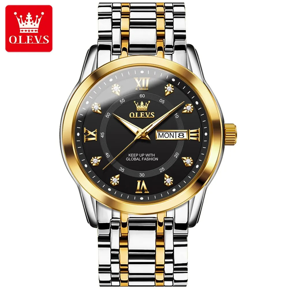 OLEVS Quartz Watch for Men Luxury Diamonds Gold Watch Waterproof Luminous Stainless Steel - Bonnie Lassio