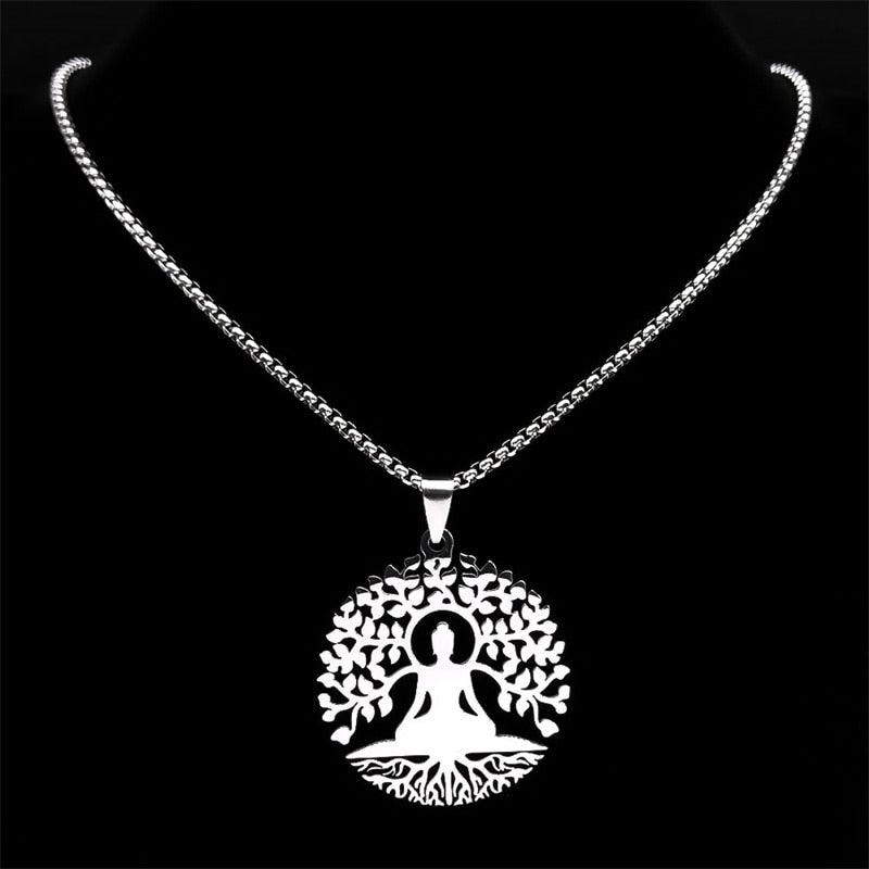 Buddhism Meditation Buddha Yoga Pendant Necklace Stainless Steel Tree of Life Necklace Buddhist Jewelry collares para mujer - Bonnie Lassio