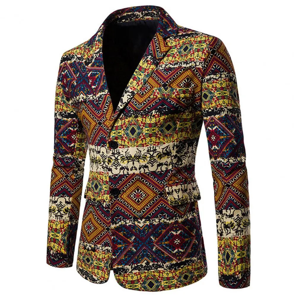 Mens Blazer African Style Characteristics Print Turndown Collar Single Breasted Slim Lapel - Bonnie Lassio