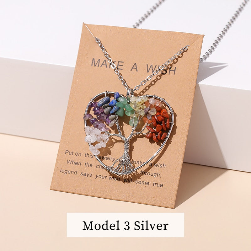 Change Better 7 Chakras Tree Of Life Pendant Necklace Gold Color Natural Crystal Chip - Bonnie Lassio