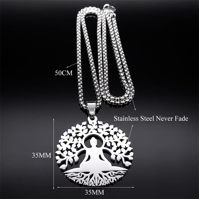 Buddhism Meditation Buddha Yoga Pendant Necklace Stainless Steel Tree of Life Necklace Buddhist Jewelry collares para mujer - Bonnie Lassio