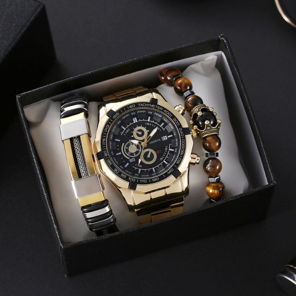 Mens Watches Top Brand Luxury Gold Black Steel Quartz Watch Men Business Wristwatch Military Relogio Male Bracelet 3Pcs With Box - Bonnie Lassio