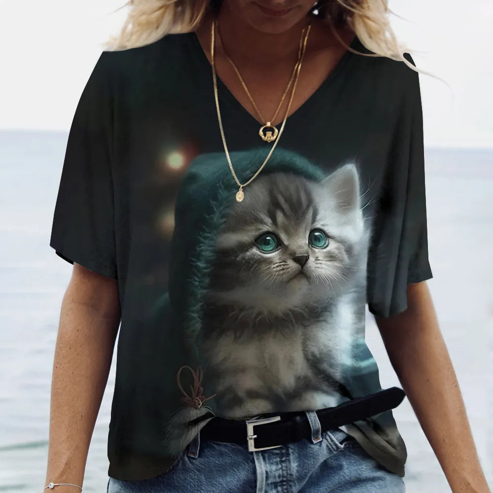 Fashion Women's T-shirt Cat Printed Short Sleeve Female Harajuku Tees Ladies T Shirt Oversized V-neck Tops Animal Women Clothing - Bonnie Lassio