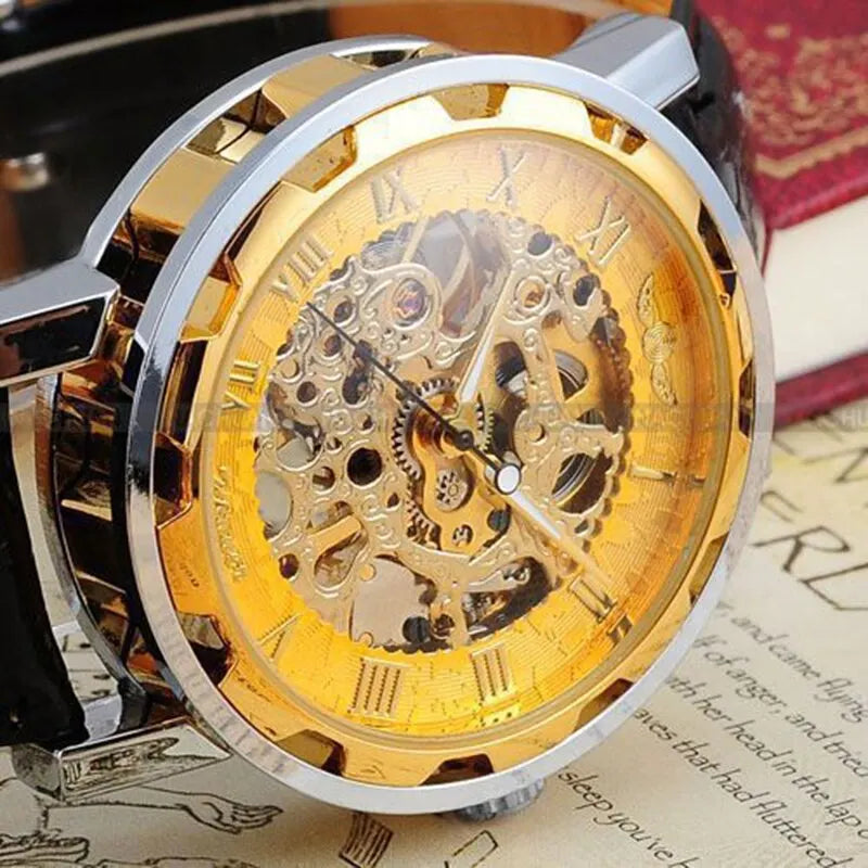 Mens Mechanical Wrist Watch With Black Leather Strap Stainless Steel Skeleton Mechanical - Bonnie Lassio