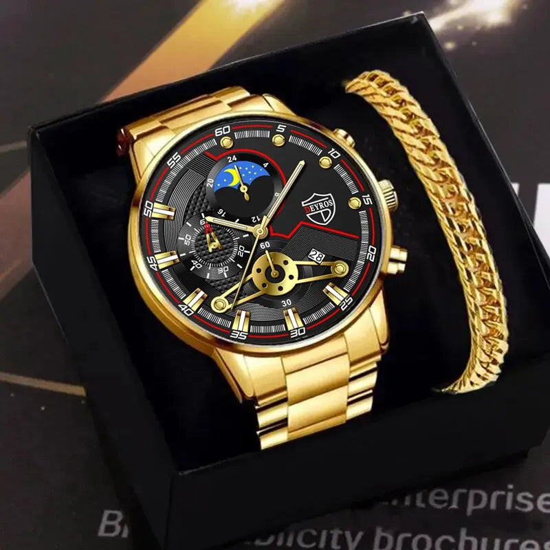 Watch & Chain Bracelet Gift Set For Men Gold And Black Gents Analogue Watches UK - Bonnie Lassio