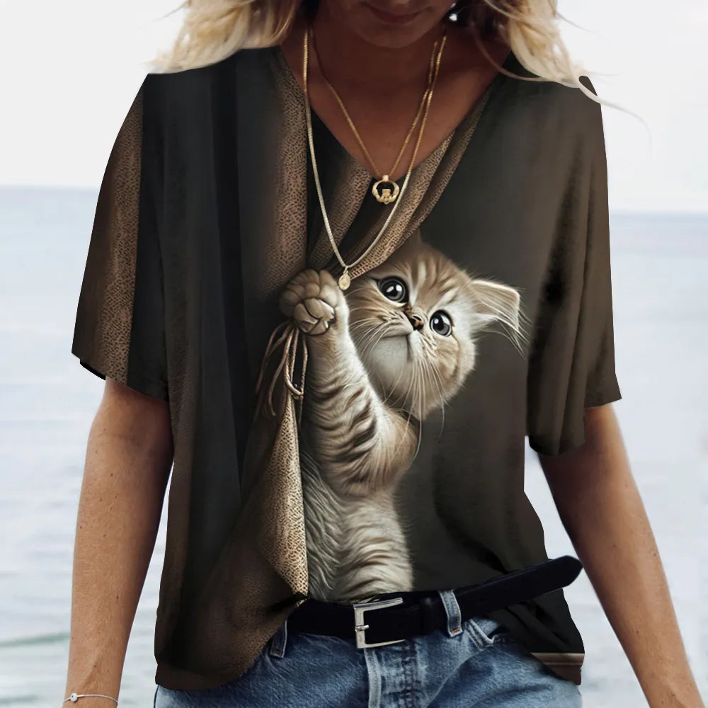 Fashion Women's T-shirt Cat Printed Short Sleeve Female Harajuku Tees Ladies T Shirt Oversized V-neck Tops Animal Women Clothing - Bonnie Lassio