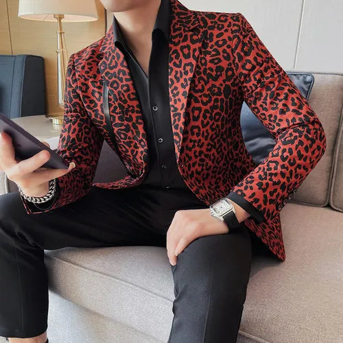 Leopard Print Mens Slim Fit Suit Jacket Single Breasted Two Button Fashionable Blazer - Bonnie Lassio