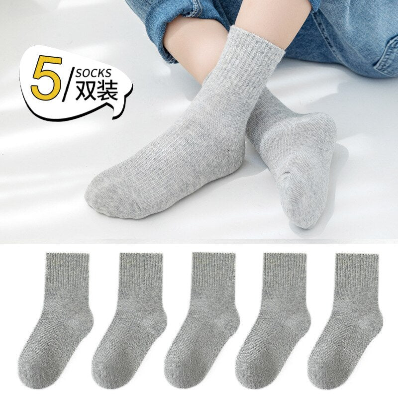 5 Pairs Pure Cotton Children Boy Socks Black White Grey Solid Color Unisex Breathable Sports School Socks Baby Girl Calf Socks - Bonnie Lassio