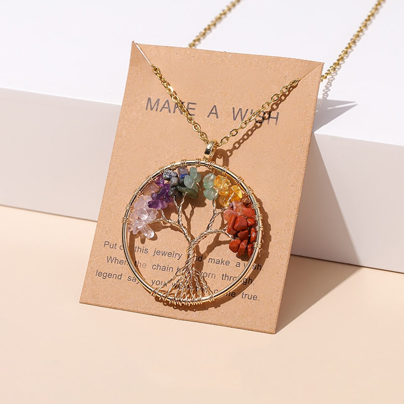 Change Better 7 Chakras Tree Of Life Pendant Necklace Gold Color Natural Crystal Chip - Bonnie Lassio