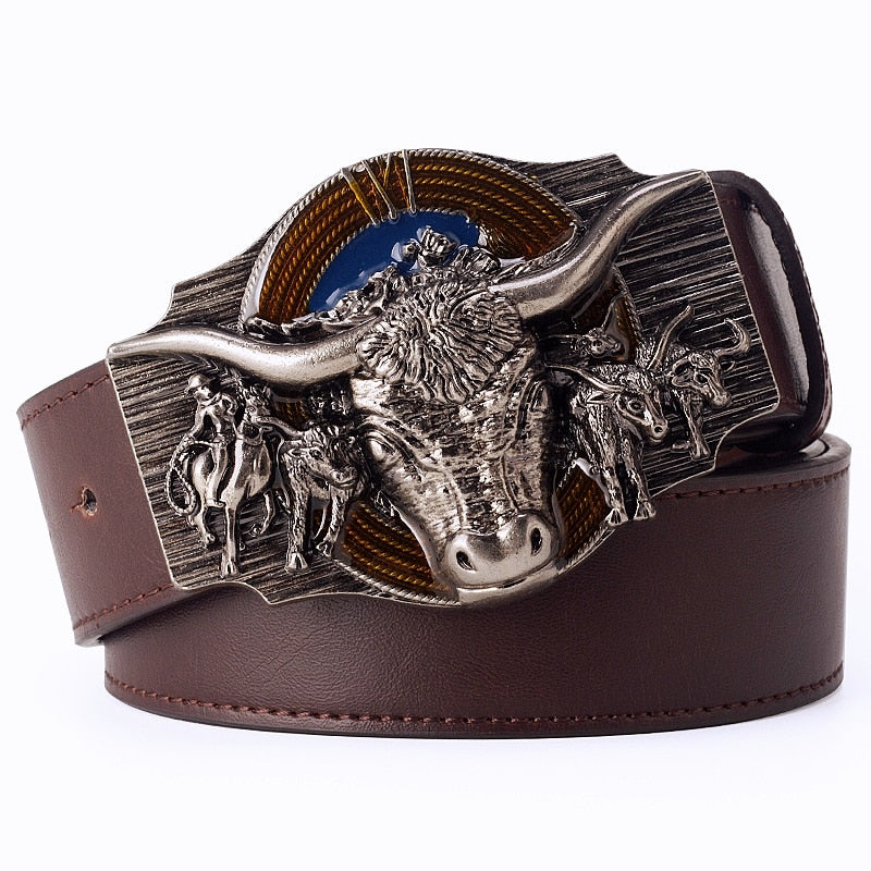 Skull Bull Ox Horn Men Leather Belt Cow Head Skeleton Western Cowboy Style Decoration Women Jeans Waistband - Bonnie Lassio