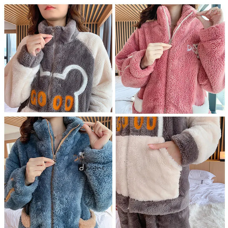 5XL Women Winter Warm Sleepwear Set Warm Pajama Two-piece Set Nightwear Home Clothes Flannel Coral Fleece Large Size Pijama - Bonnie Lassio