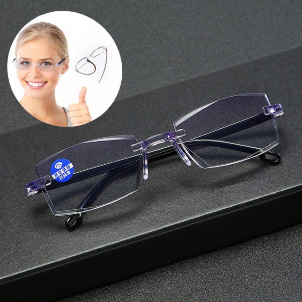 Blue Ray Reading Glasses Women Dimond Cutting Rimless Eyewear Men Anti Eyewear Presbyopic Glasses Diopter +100+150 +200+250+300 - Bonnie Lassio