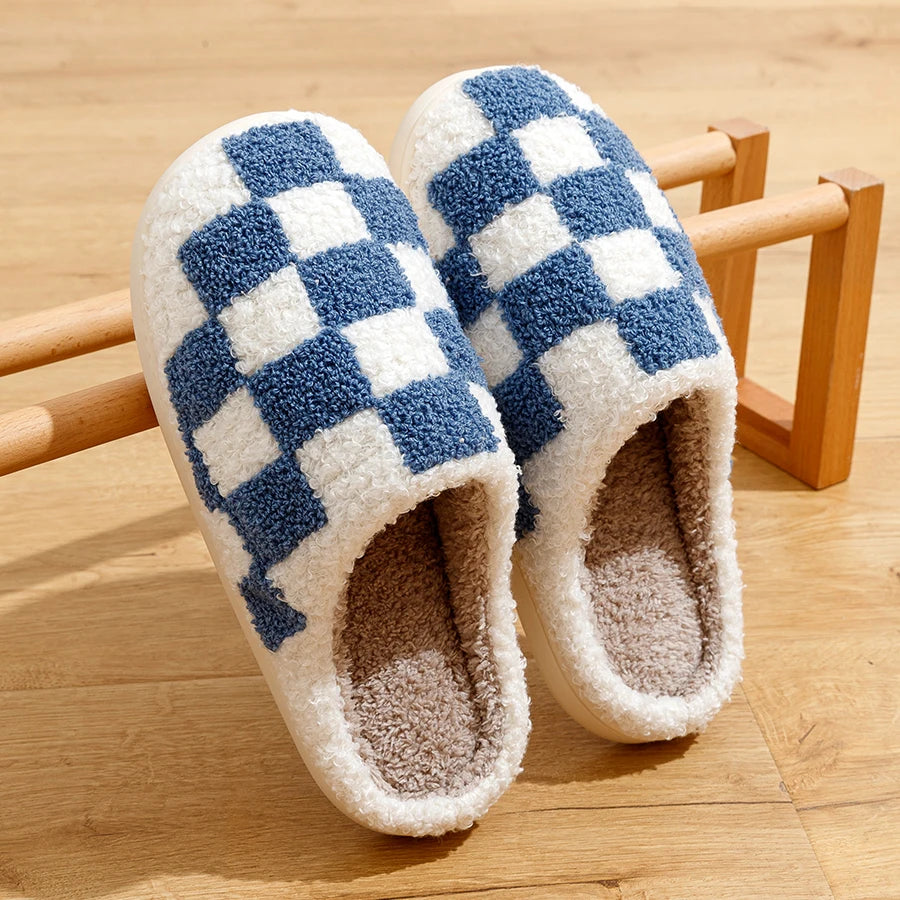 Fuzzy Slippers Fashion Checkered Plush Cozy Unisex - Bonnie Lassio