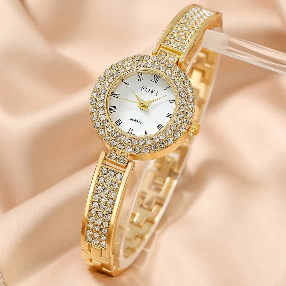 Ladies Girls Fashion Dress Wrist Watches With Braclet Gift Gold Faux Diamond - Bonnie Lassio