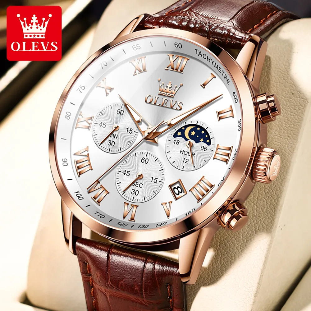 OLEVS Luxury Quartz Watch for Men Business Waterproof Sport Watches Leather Strap Moon Phase - Bonnie Lassio