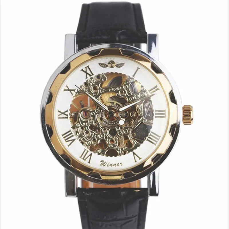 Mens Mechanical Wrist Watch With Black Leather Strap Stainless Steel Skeleton Mechanical - Bonnie Lassio