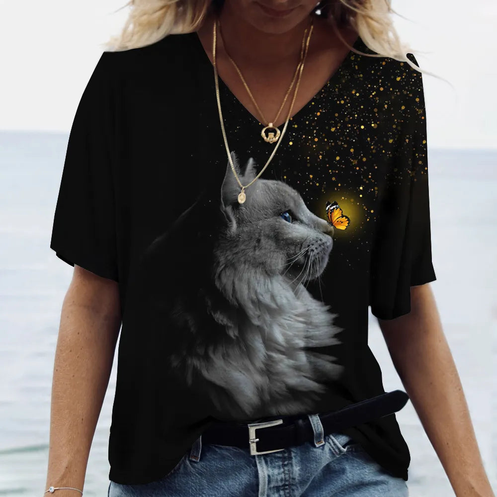 Fashion Women's T-shirt Cat Printed Short Sleeve Female Harajuku Tees Ladies T Shirt Oversized V-neck Tops Animal Women Clothing - Bonnie Lassio