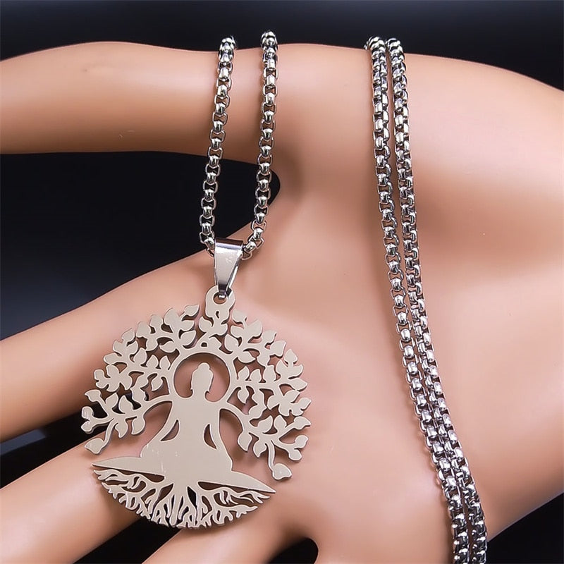 Buddhism Meditation Buddha Yoga Pendant Necklace Stainless Steel Tree of Life Necklace Buddhist Jewelry collares para mujer - Bonnie Lassio