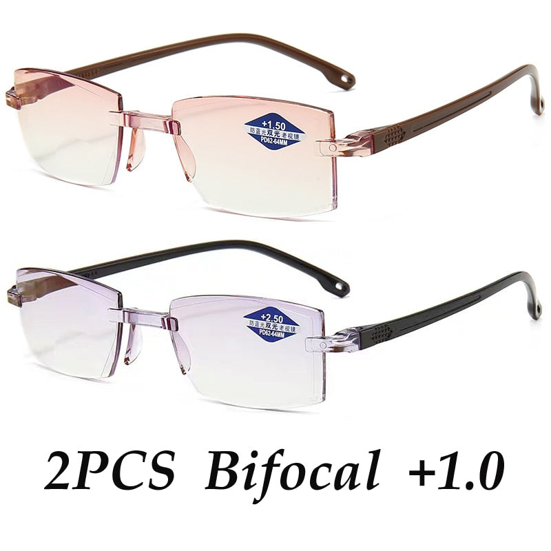 2PCS Rimless Bifocal Progressive Reading Glasses Men Women Near and Far Anti-blue Light Eyesglasses Rectangular Glasses Eyewear - Bonnie Lassio