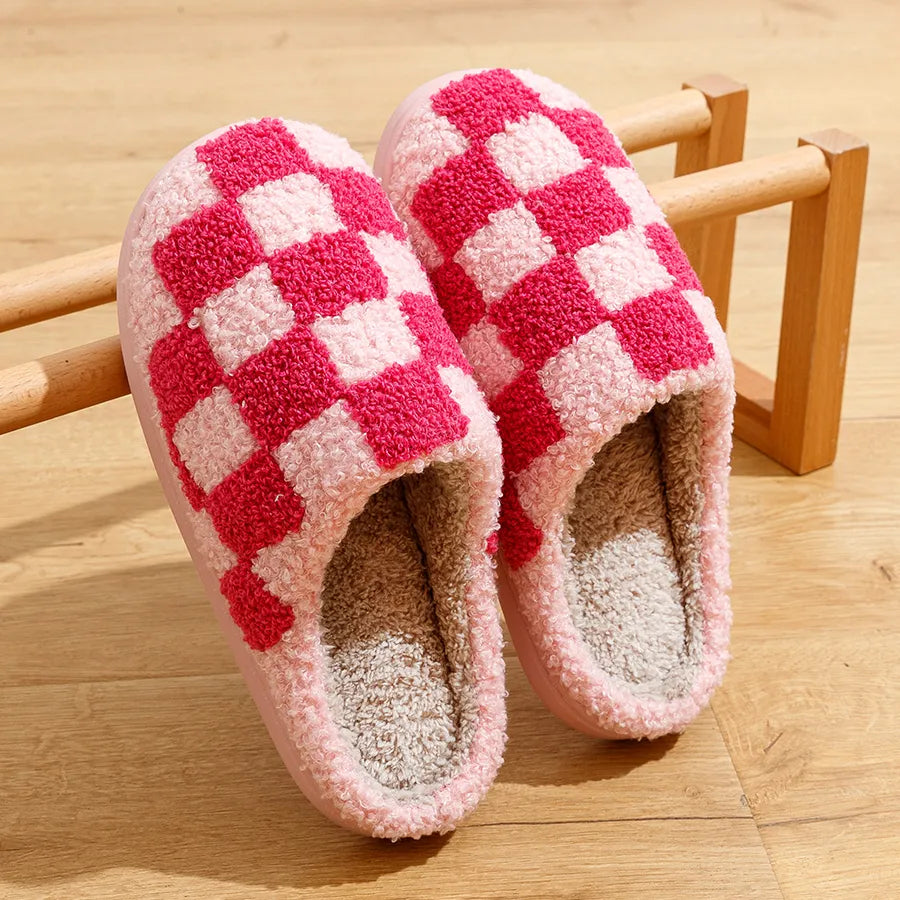 Fuzzy Slippers Fashion Checkered Plush Cozy Unisex - Bonnie Lassio