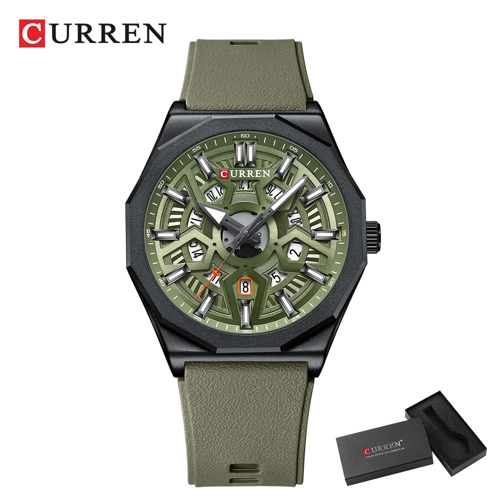 CURREN Fashion Creative Design Watches Men Quartz Silicone Strap Date Wristwatches for Male Clock with Luminous Hands - Bonnie Lassio