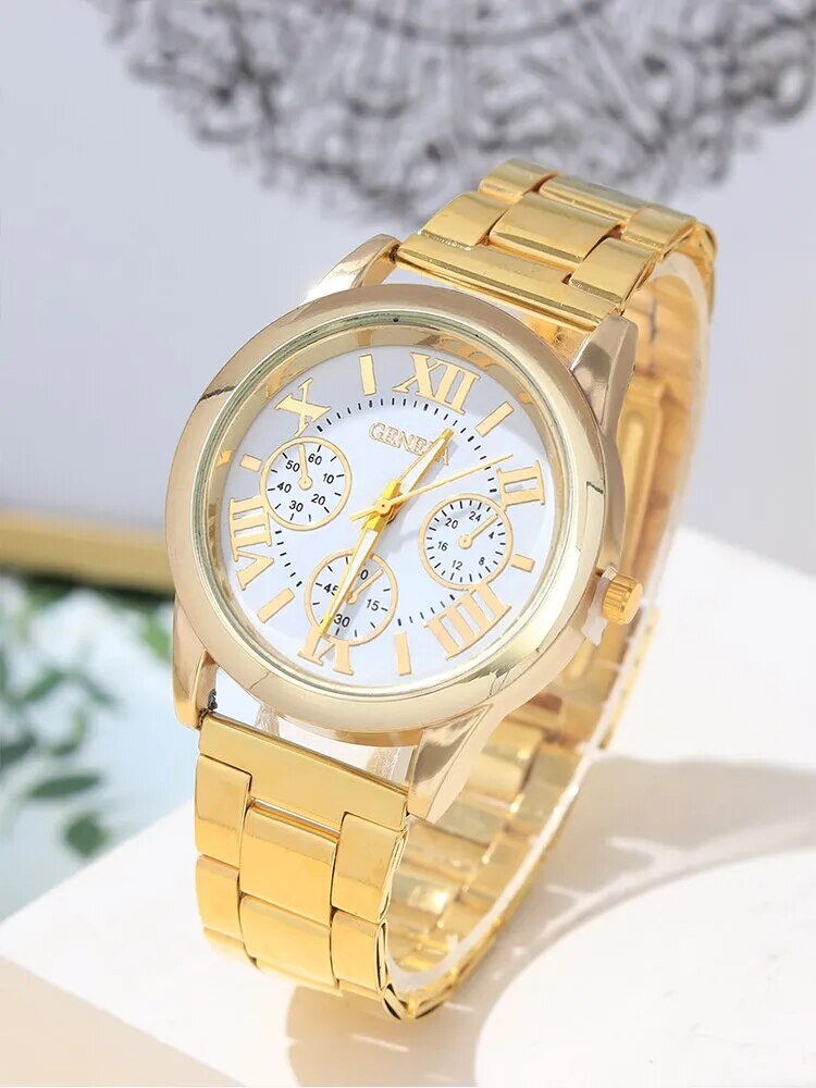 5pcs Fashion Women's Watch Versatile and Simple Gold Steel Band Quartz Watch with Star Moon Diamond Bracelet Set - Bonnie Lassio