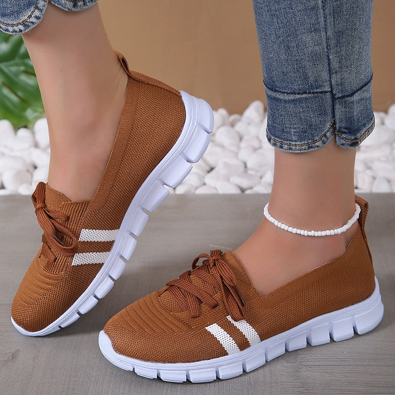Mesh Knitted Striped Flats Shoes for Women 2023 Autumn Lace Up Casual Sneakers Woman Breathable Soft Sole Loafers Plus Size 43 - Bonnie Lassio