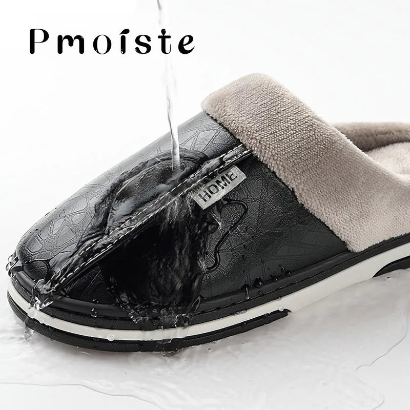 Winter Home Slippers for Men Memory Foam Massage House Slippers With Fur PU Leather Waterproof Indoor Male slipper Plus Size 51 - Bonnie Lassio