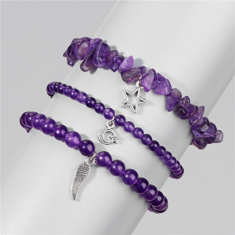 3Pcs set Natural Amethysts Stone Beads Bracelet Star Moon Meditation - Bonnie Lassio