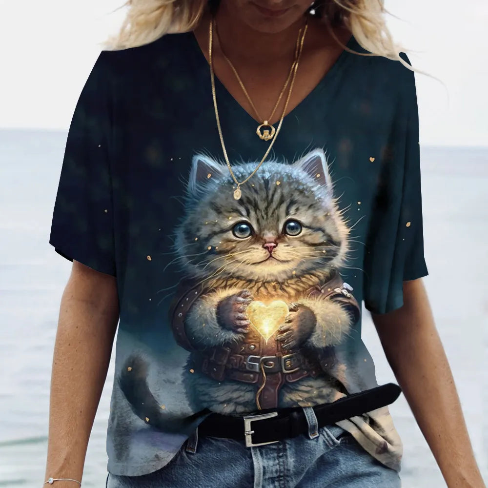 Fashion Women's T-shirt Cat Printed Short Sleeve Female Harajuku Tees Ladies T Shirt Oversized V-neck Tops Animal Women Clothing - Bonnie Lassio