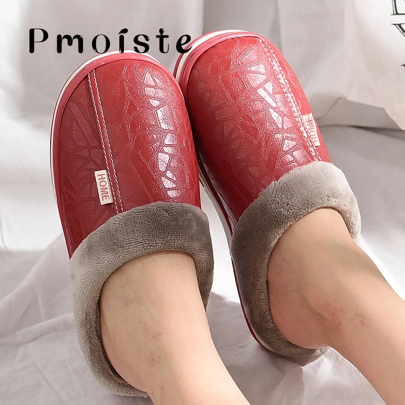 Winter Home Slippers for Men Memory Foam Massage House Slippers With Fur PU Leather Waterproof Indoor Male slipper Plus Size 51 - Bonnie Lassio