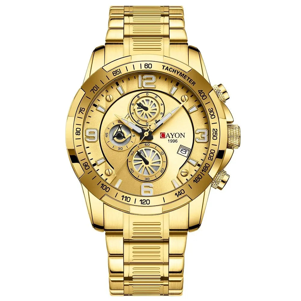 Mens Watch Gold Coloured Multifunction Luminous Quartz Stainless Steel - Bonnie Lassio