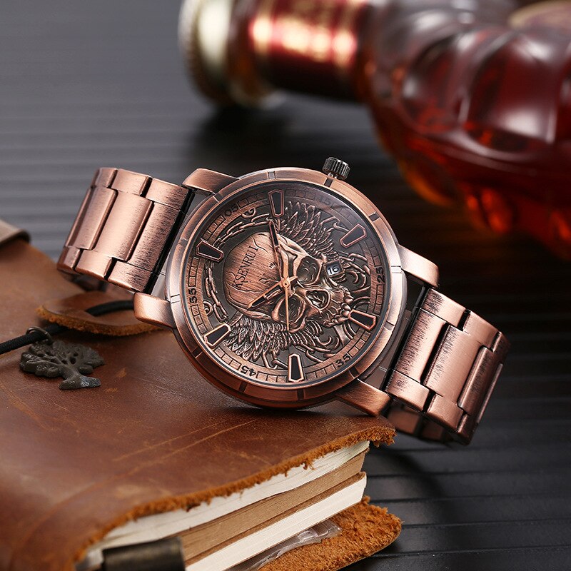 Retro Skull Watch for Men Luxury Steel Leather Strap Fashion Quartz Wristwatches Male Clock Gift Relogio Masculino Drop Shipping - Bonnie Lassio