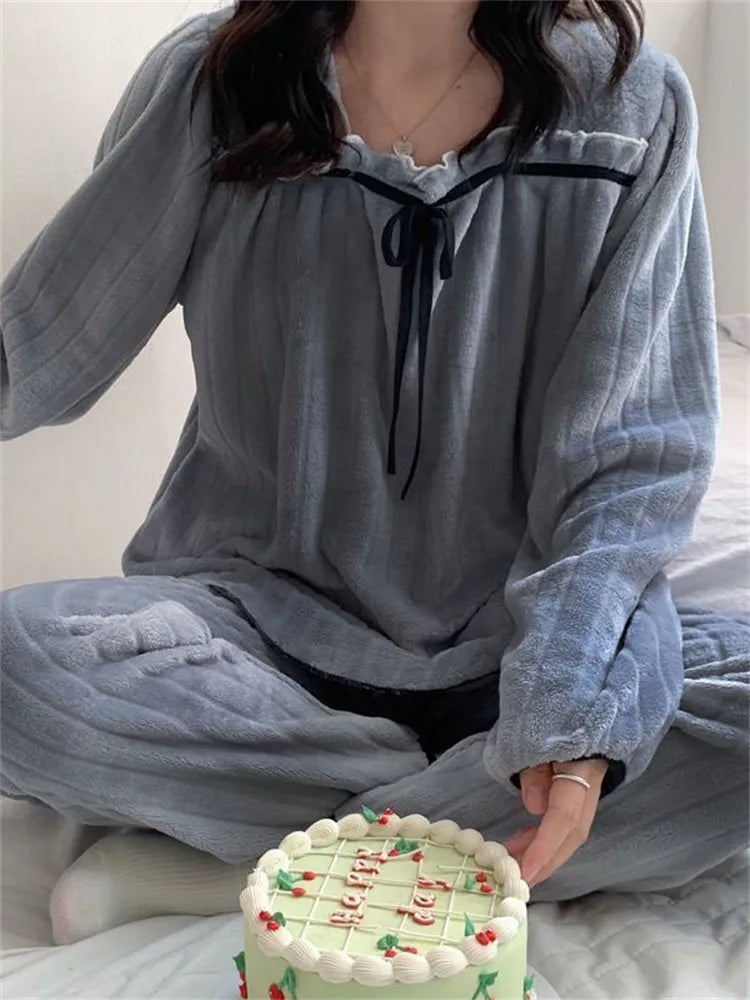 Leisure Wear Homewear Nightie Female CoralFleece Pajamas Sets For Women Autumn Winter Thick Warm Sweet Cute Sleepwear Flannel - Bonnie Lassio