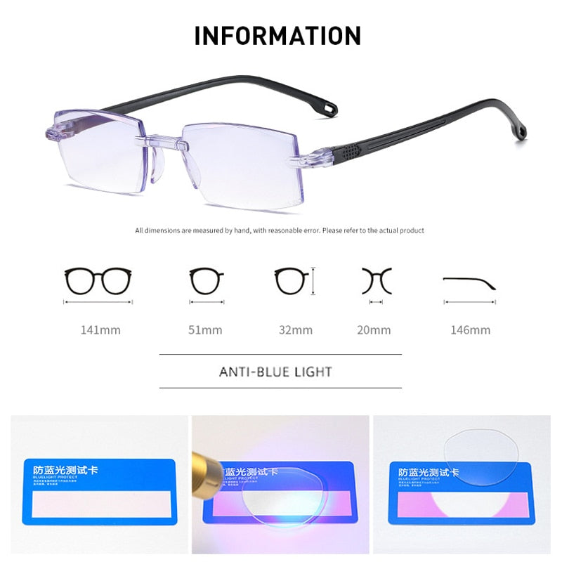 2PCS Rimless Bifocal Progressive Reading Glasses Men Women Near and Far Anti-blue Light Eyesglasses Rectangular Glasses Eyewear - Bonnie Lassio