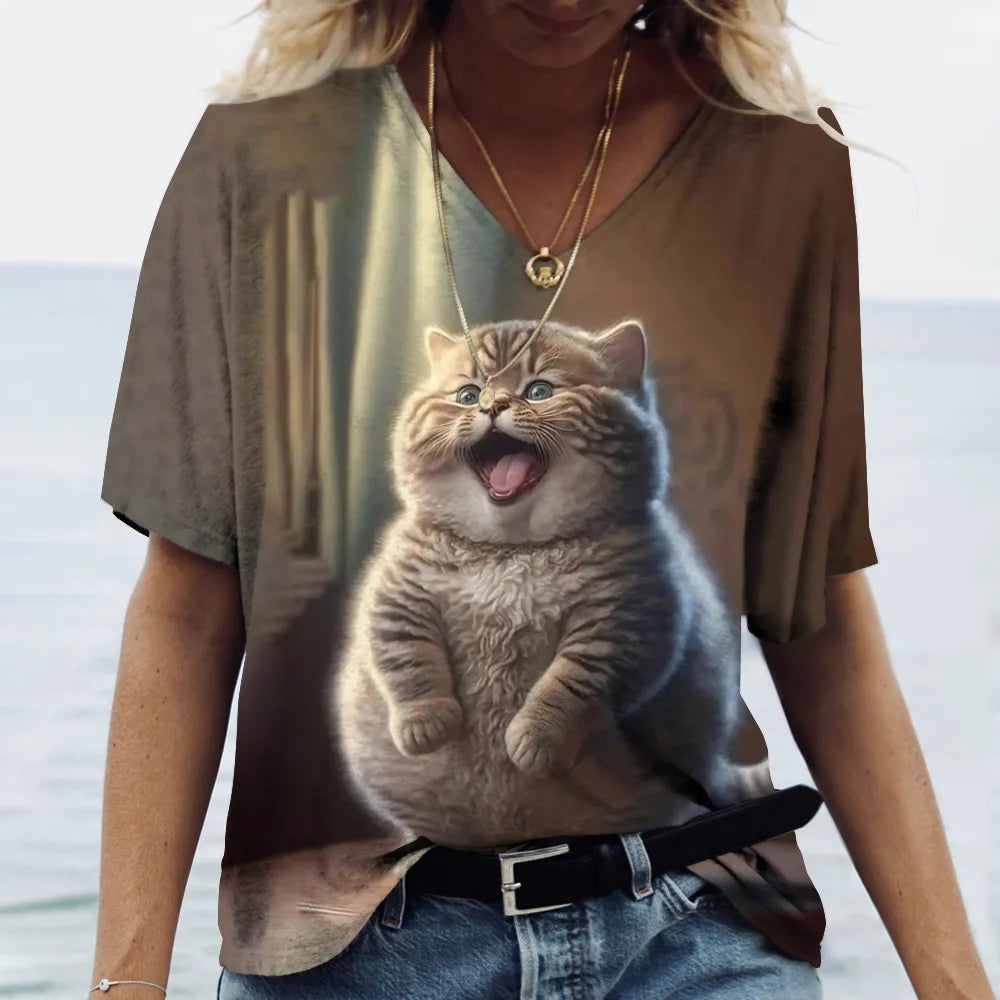 Fashion Women's T-shirt Cat Printed Short Sleeve Female Harajuku Tees Ladies T Shirt Oversized V-neck Tops Animal Women Clothing - Bonnie Lassio