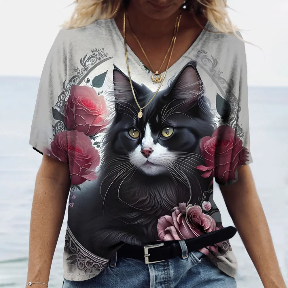 Fashion Women's T-shirt Cat Printed Short Sleeve Female Harajuku Tees Ladies T Shirt Oversized V-neck Tops Animal Women Clothing - Bonnie Lassio