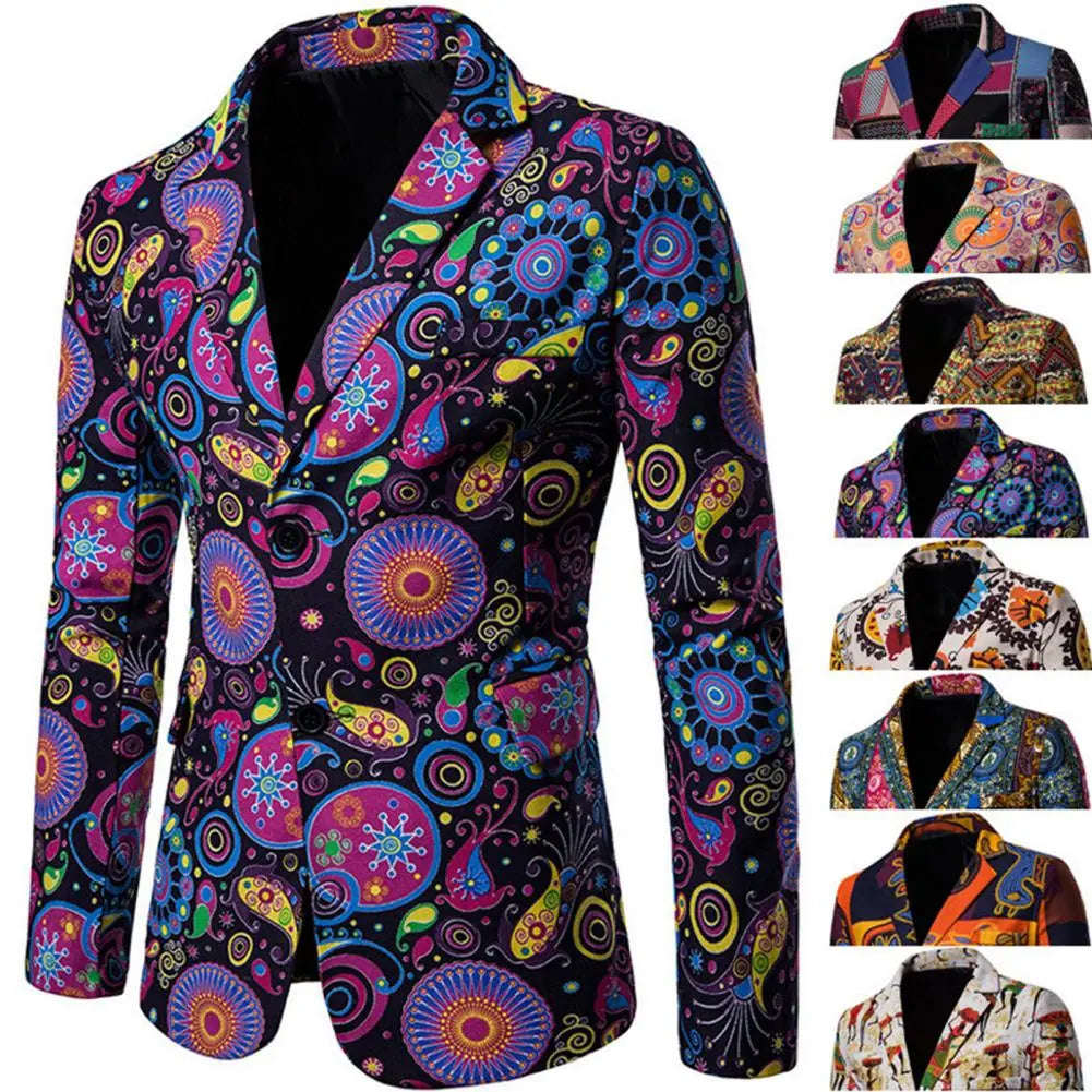 Mens Blazer African Style Characteristics Print Turndown Collar Single Breasted Slim Lapel - Bonnie Lassio