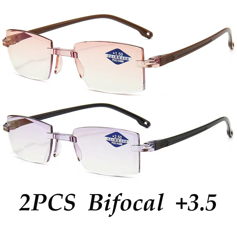 2PCS Rimless Bifocal Progressive Reading Glasses Men Women Near and Far Anti-blue Light Eyesglasses Rectangular Glasses Eyewear - Bonnie Lassio