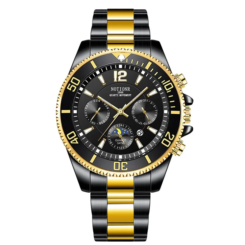 Men's Luxury Business Watch With Stainless Steel Strap Black & Gold Quartz UK - Bonnie Lassio