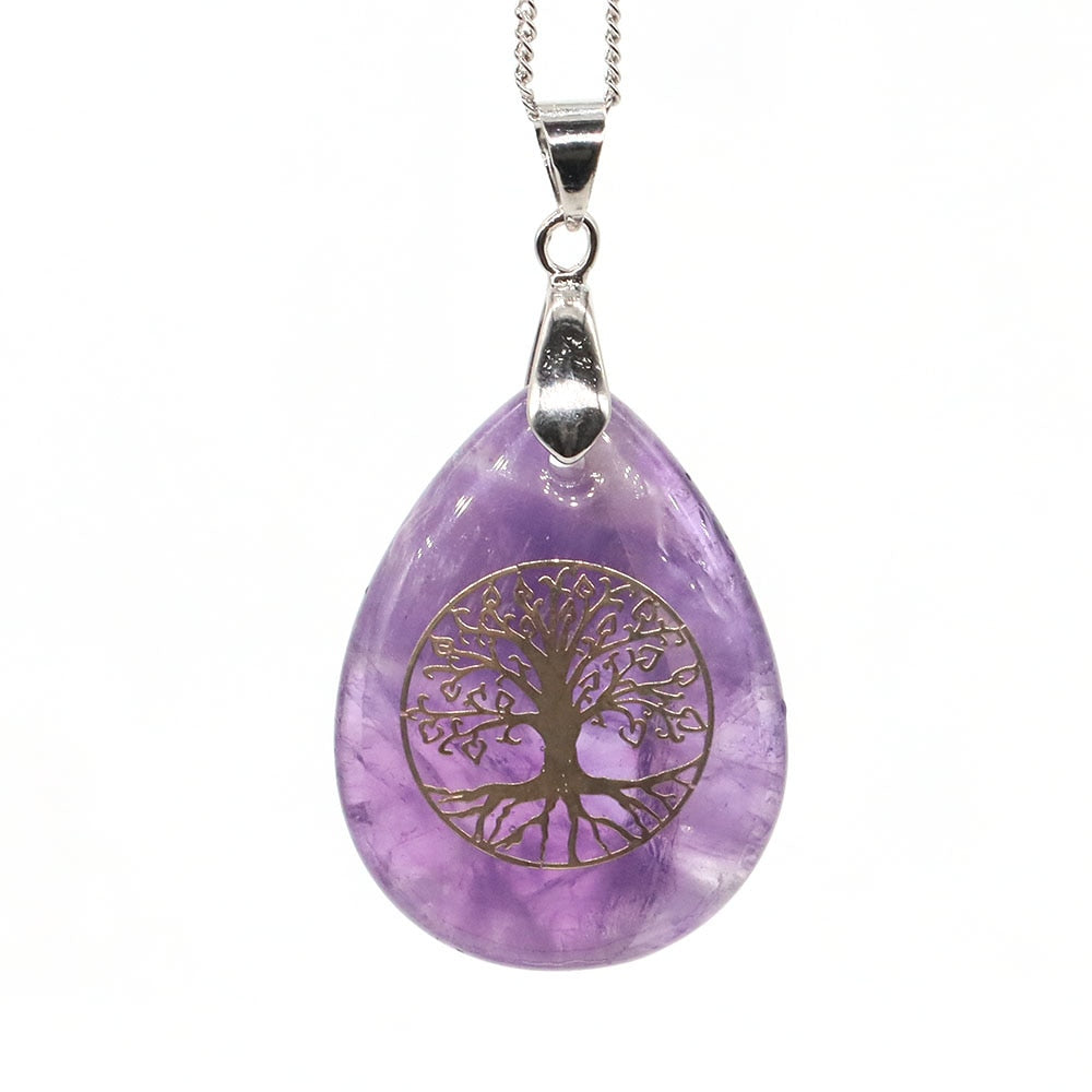 7 Chakra Stone Tree of Life Pendant Natural Water Drop Necklaces Rose Crystal Pink Quartz Amethyst Lapis Lazuli Tiger Eye Gifts - Bonnie Lassio