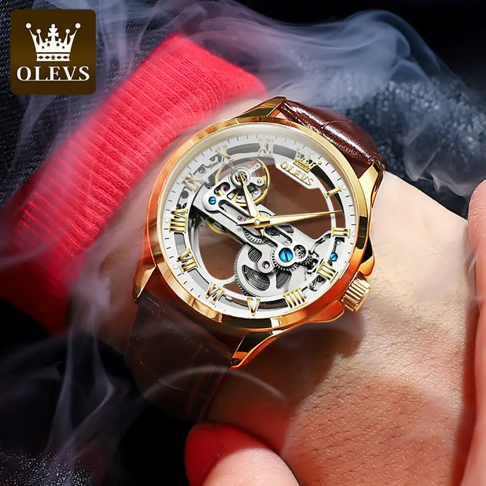 OLEVS Luxury Men Watches Automatic Mechanical Wristwatch Skeleton Design Waterproof Leather Strap - Bonnie Lassio