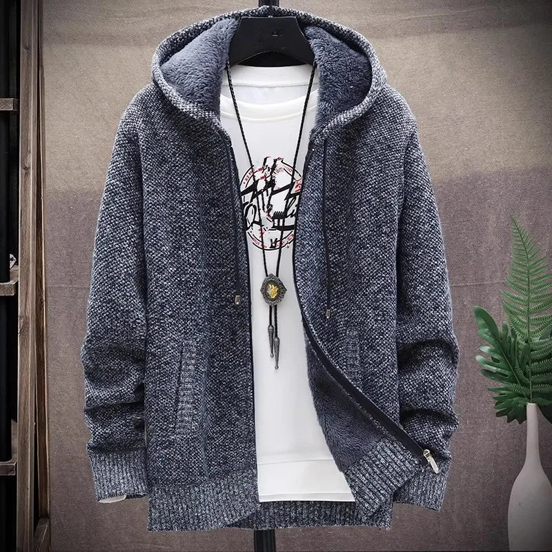 Mens Hooded Cardigan Knitted Sweater Winter Thick Fleece Casual Knitwear Coat Hooded - Bonnie Lassio