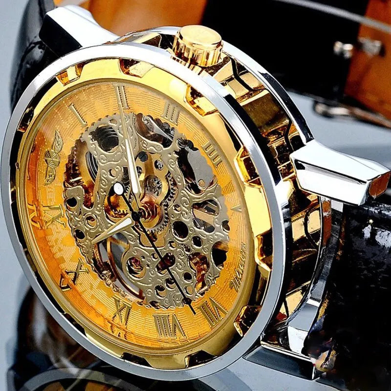 Mens Mechanical Wrist Watch With Black Leather Strap Stainless Steel Skeleton Mechanical - Bonnie Lassio