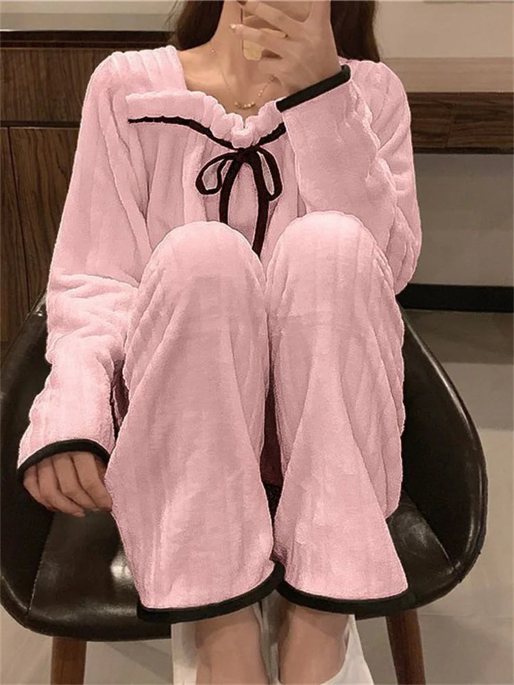 Leisure Wear Homewear Nightie Female CoralFleece Pajamas Sets For Women Autumn Winter Thick Warm Sweet Cute Sleepwear Flannel - Bonnie Lassio