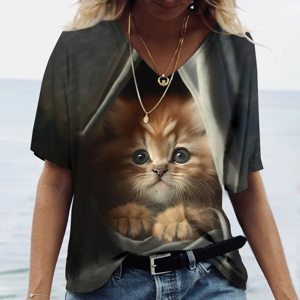 Fashion Women's T-shirt Cat Printed Short Sleeve Female Harajuku Tees Ladies T Shirt Oversized V-neck Tops Animal Women Clothing - Bonnie Lassio