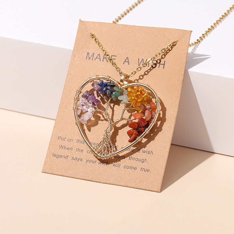 Change Better 7 Chakras Tree Of Life Pendant Necklace Gold Color Natural Crystal Chip - Bonnie Lassio