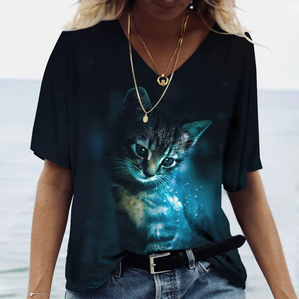 Fashion Women's T-shirt Cat Printed Short Sleeve Female Harajuku Tees Ladies T Shirt Oversized V-neck Tops Animal Women Clothing - Bonnie Lassio